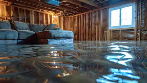 Flooded basement with exposed wall framing and a sofa sitting in standing water